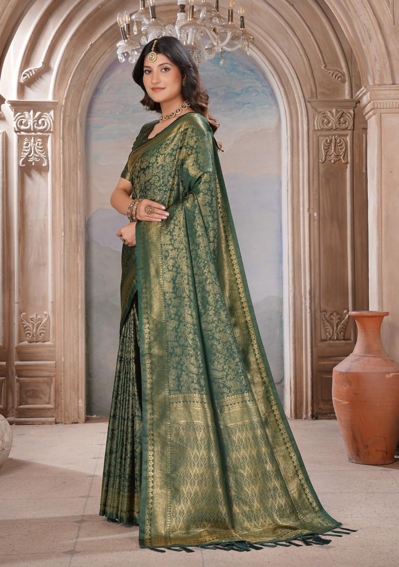 Green Zari Work Silk Saree Set - Indya