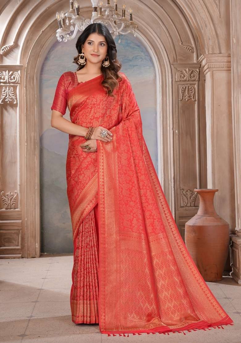 Red Zari Work Silk Blend Saree Set for Diwali and Festive Wear - Indya
