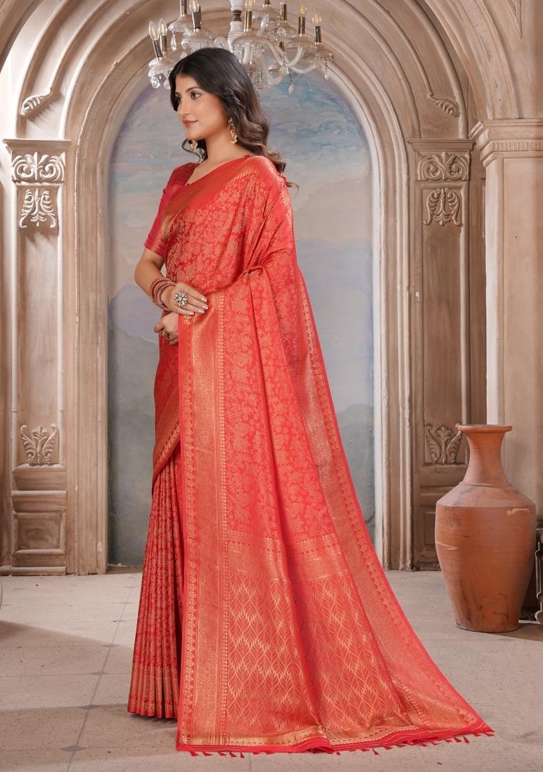 Red Zari Work Silk Saree Set - Indya