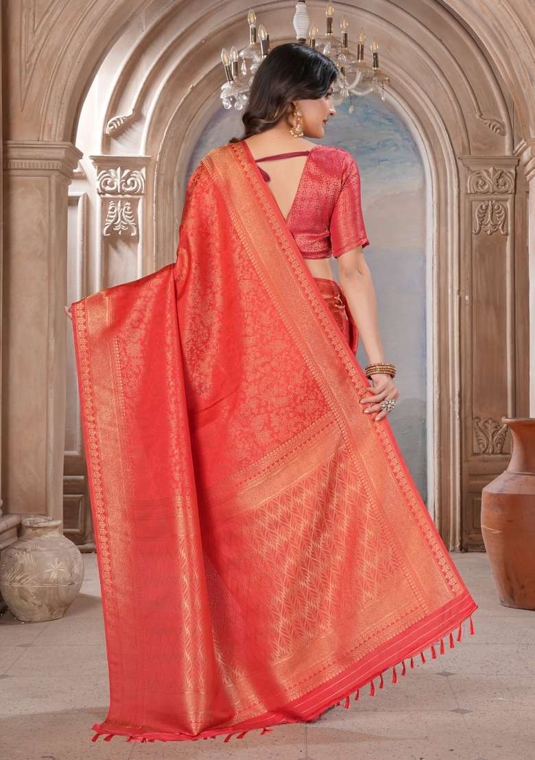 Red Zari Work Silk Blend Saree Set for Diwali and Festive Wear - Indya