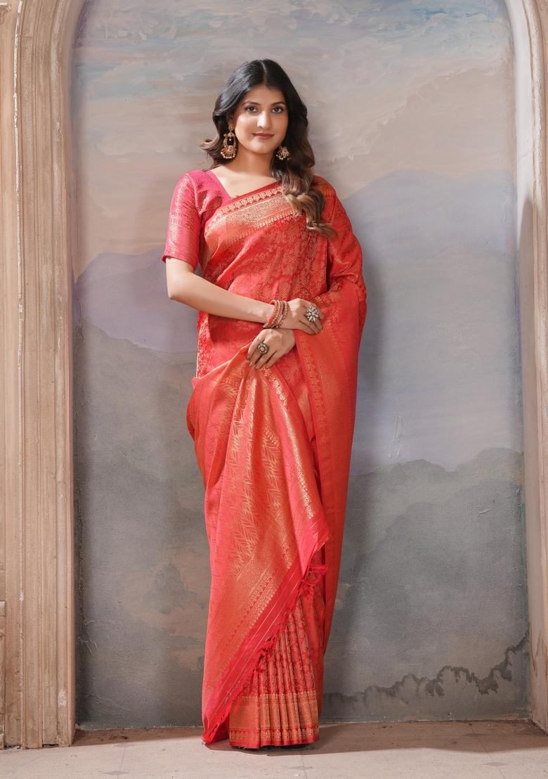 Red Zari Work Silk Saree Set - Indya