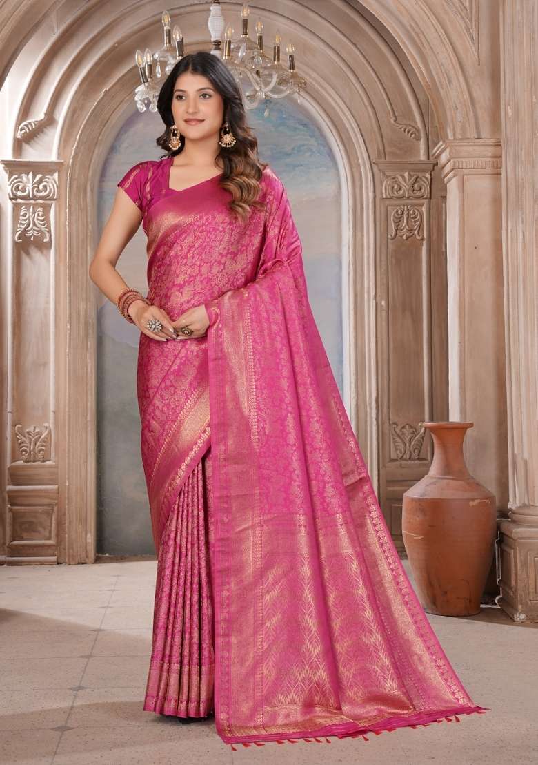 Pink Silk Blend Saree Set with Zari Work for Diwali | Wedding & Festive Wear - Indya