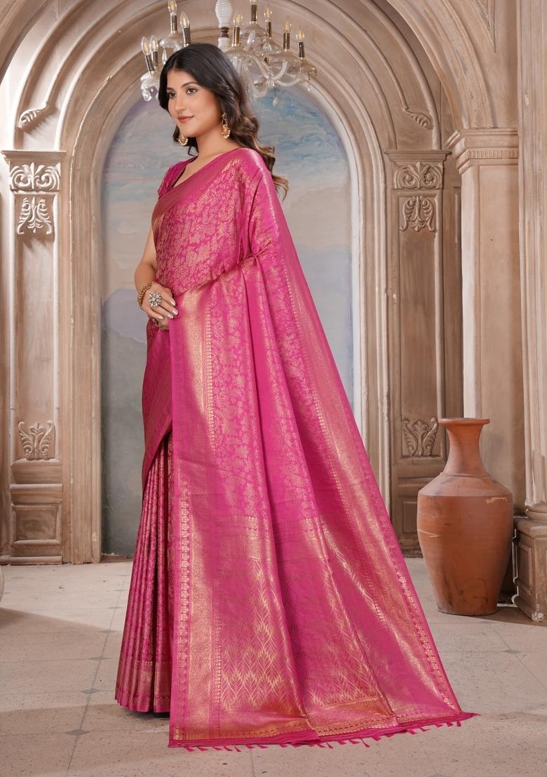 Pink Zari Work Silk Saree Set - Indya