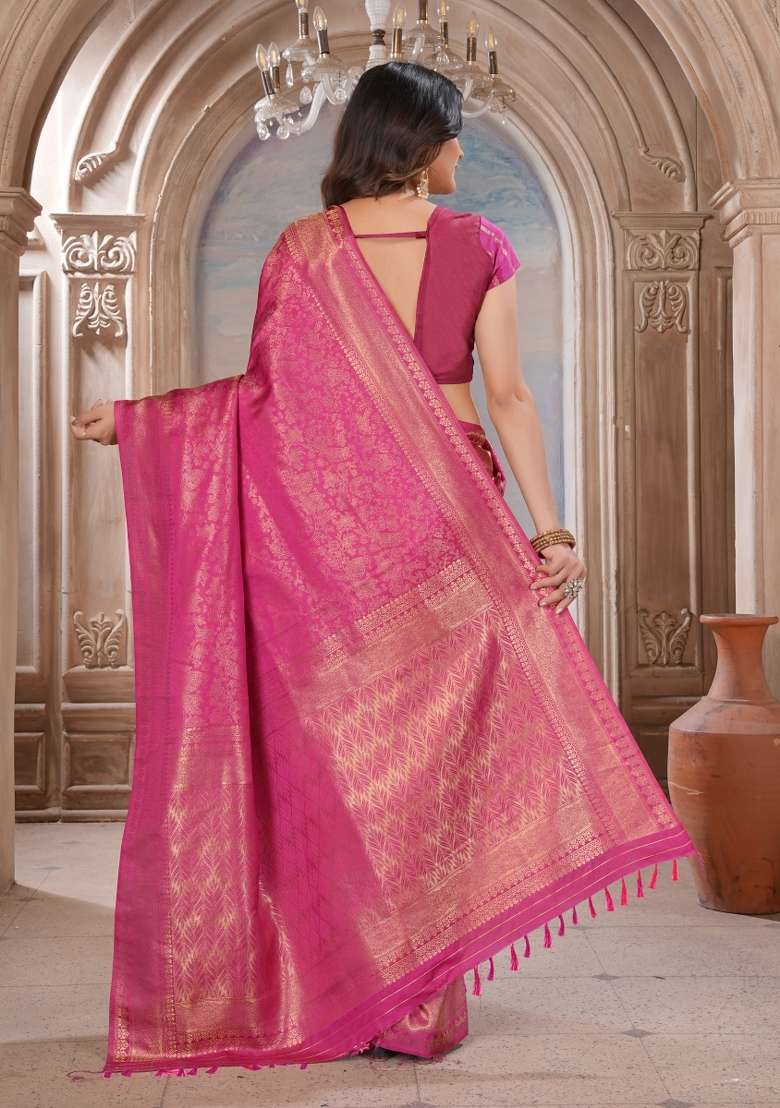 Pink Silk Blend Saree Set with Zari Work for Diwali | Wedding & Festive Wear - Indya