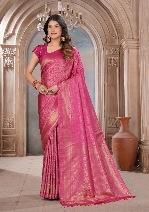 Pink Zari Work Silk Blend Saree Set