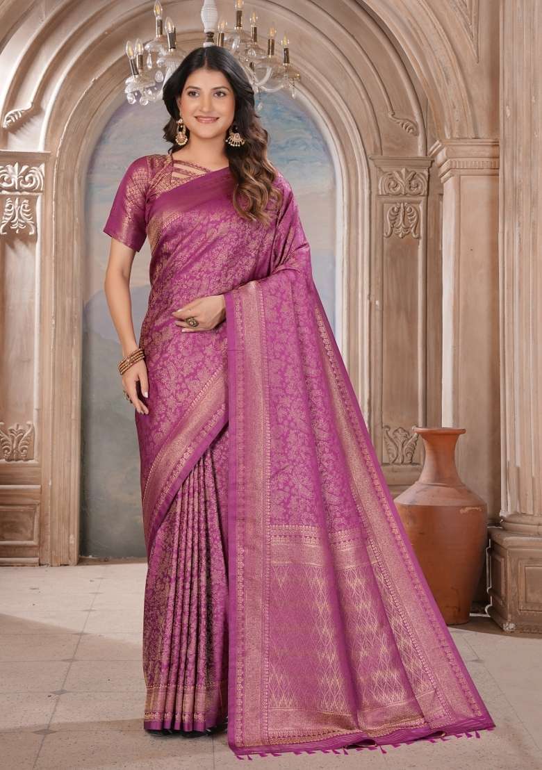 Purple Zari Work Silk Blend Saree Set for Diwali and Festive Wear - Indya