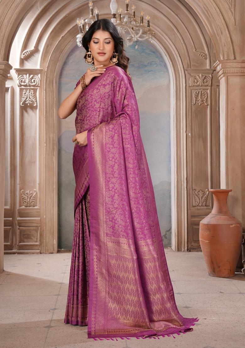 Purple Zari Work Silk Saree Set - Indya