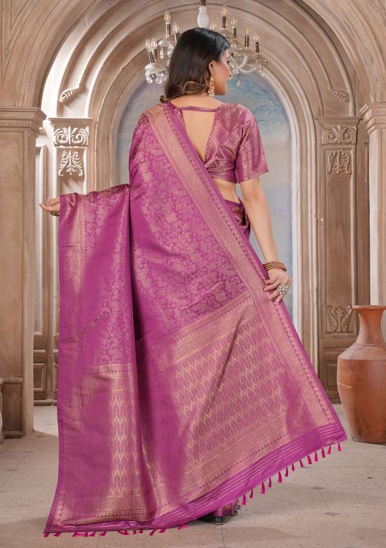 Purple Zari Work Silk Blend Saree Set for Diwali and Festive Wear - Indya