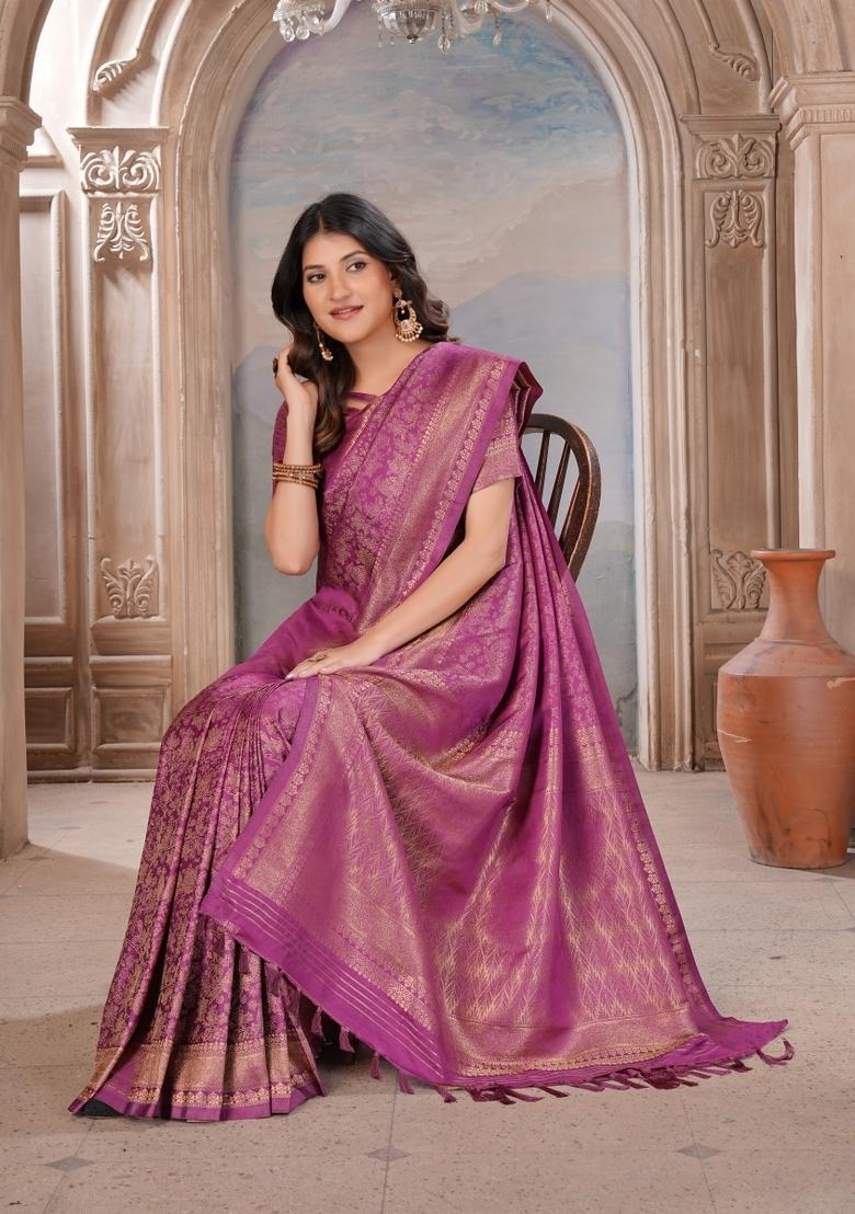 Purple Zari Work Silk Saree Set - Indya