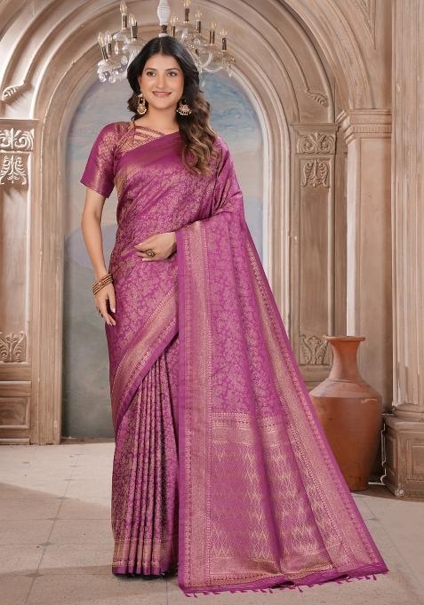 Purple Zari Work Silk Saree Set