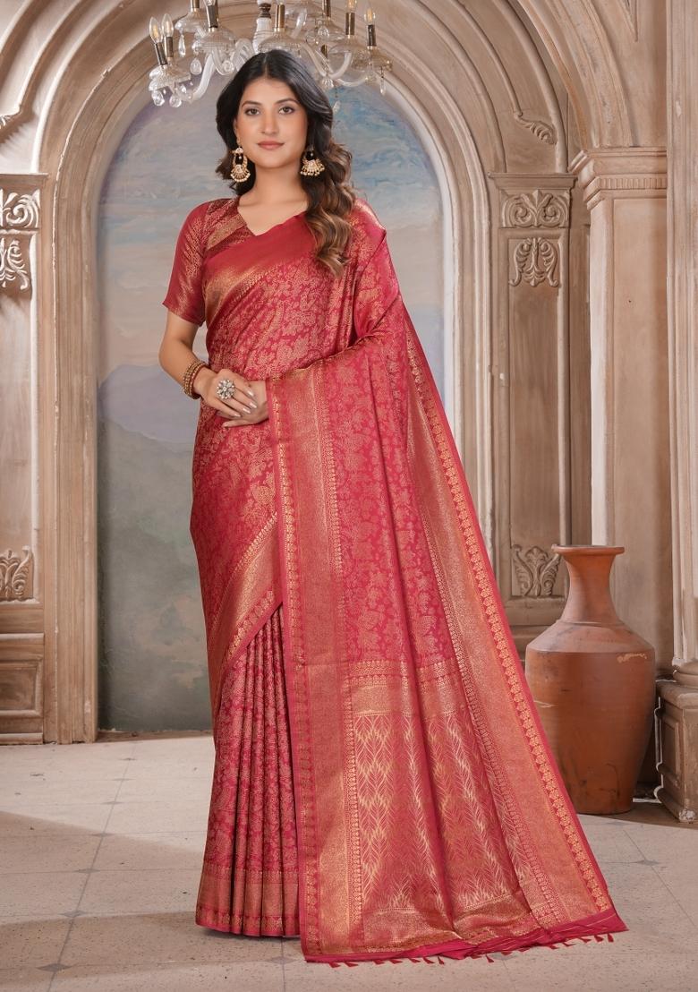 Maroon Zari Work Silk Saree Set - Indya