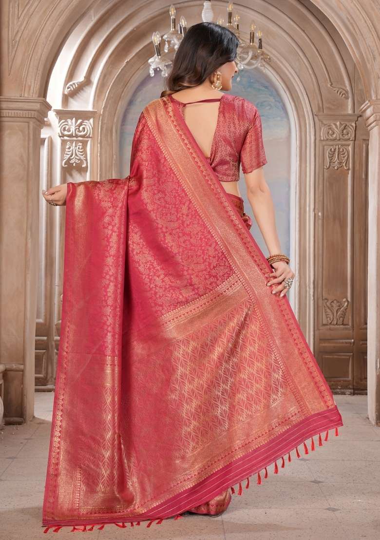 Maroon Zari Work Silk Blend Saree Set for Diwali and Festive Wear - Indya
