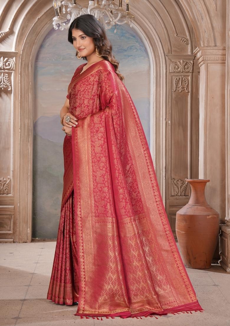 Maroon Zari Work Silk Saree Set - Indya