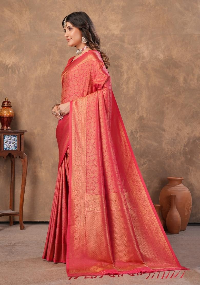 Red Zari Work Silk Saree Set - Indya