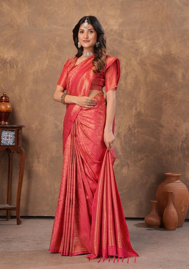 Red Zari Work Silk Saree Set - Indya