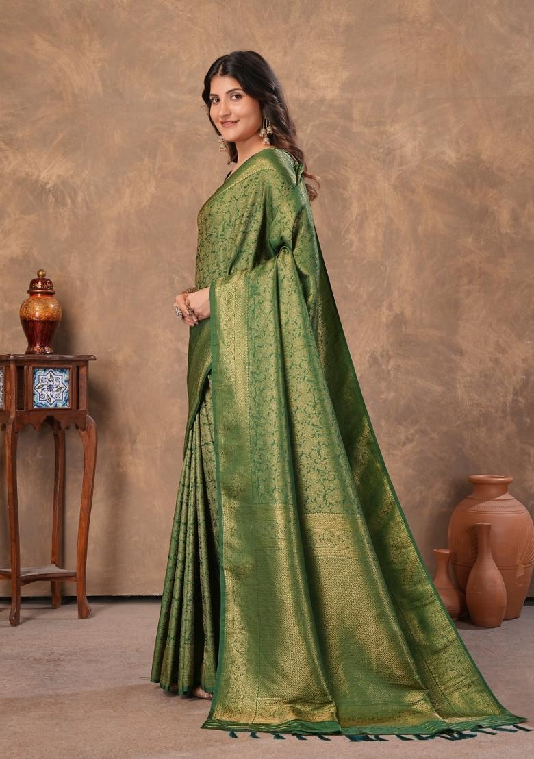 Green Zari Work Silk Saree Set - Indya