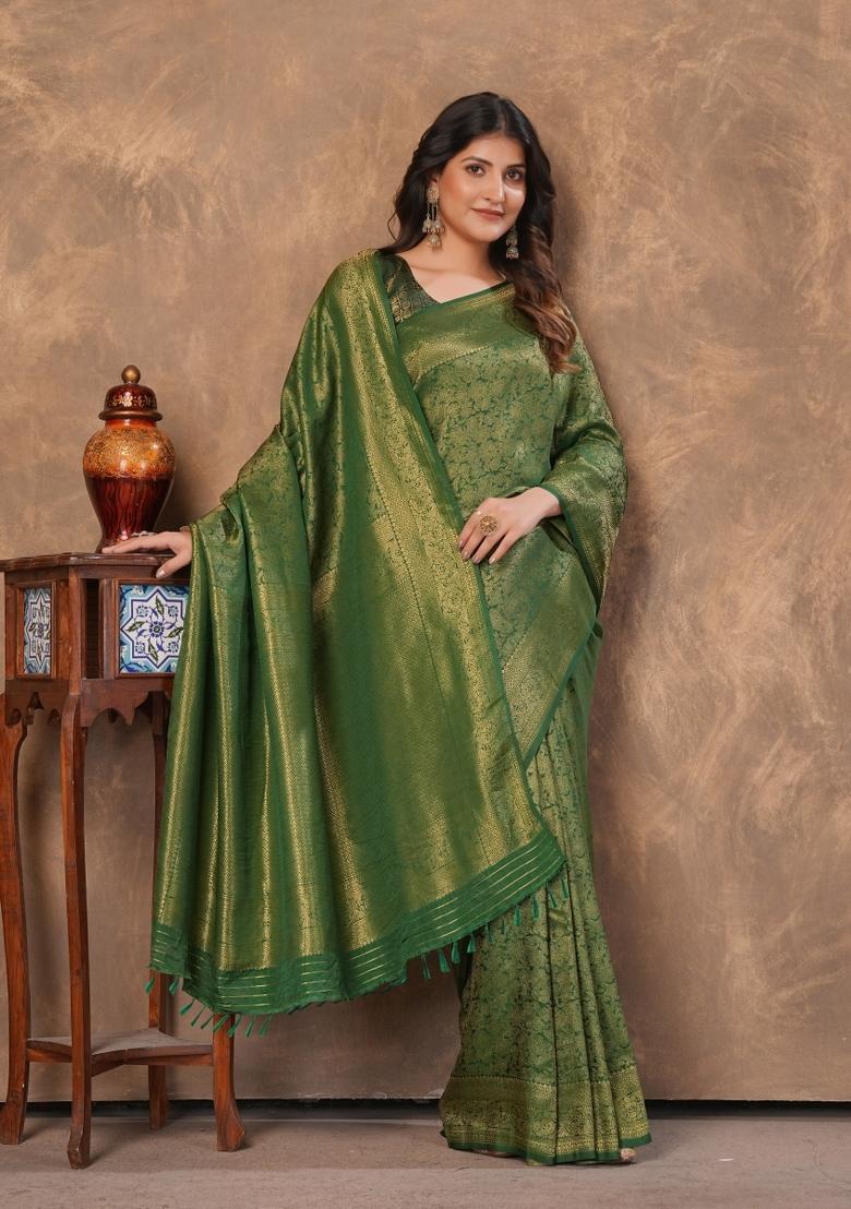 Green Zari Work Silk Saree Set - Indya