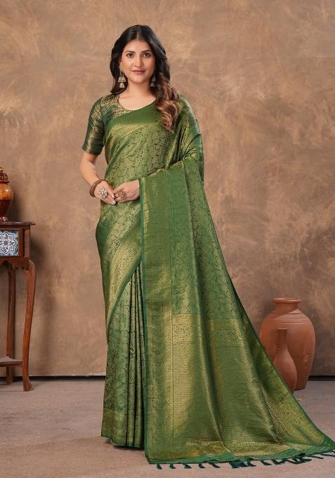 Green Zari Work Silk Blend Saree Set