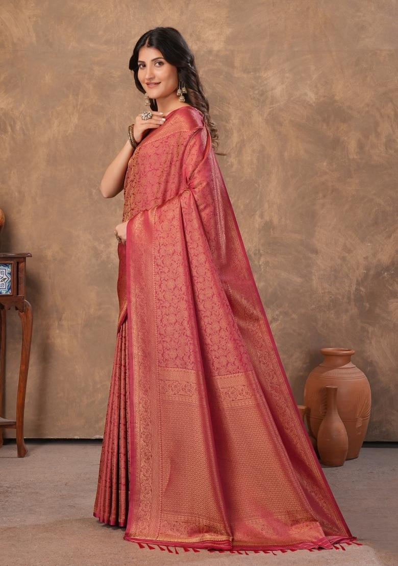 Maroon Zari Work Silk Saree Set - Indya