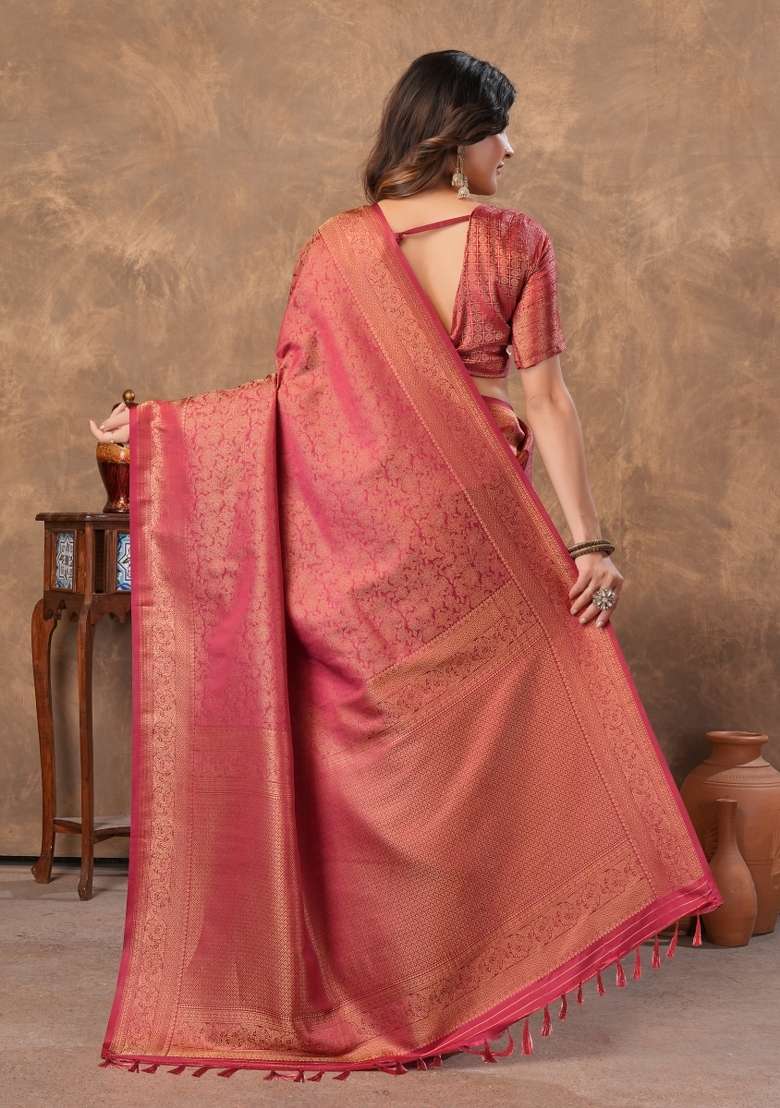 Maroon Zari Work Silk Blend Saree Set for Diwali and Festive Wear - Indya