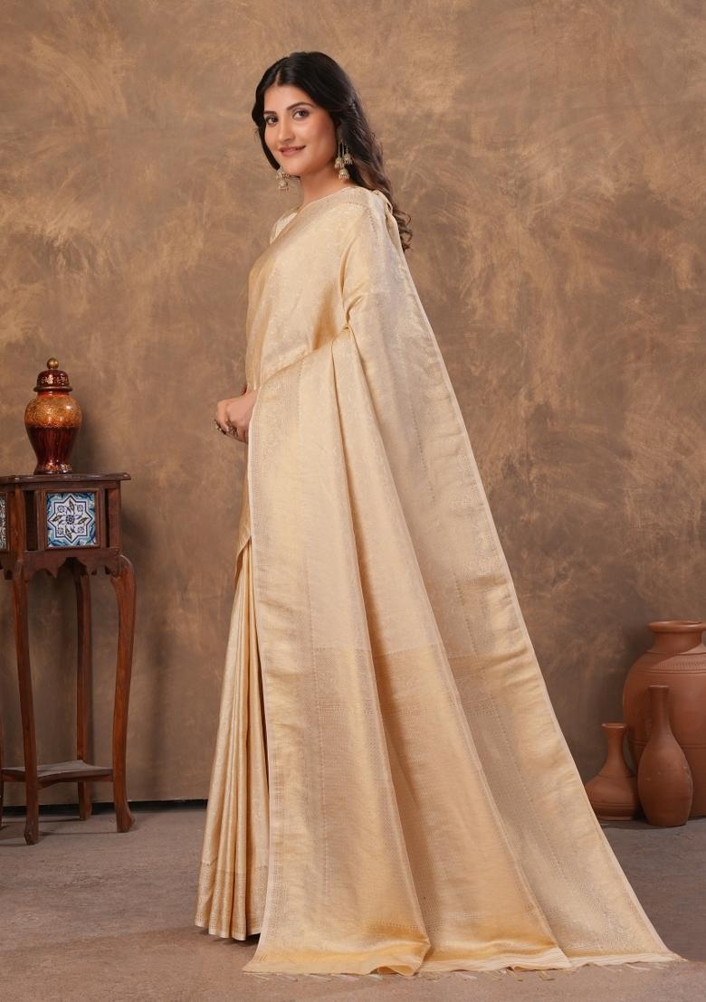 Cream Zari Work Silk Saree Set - Indya