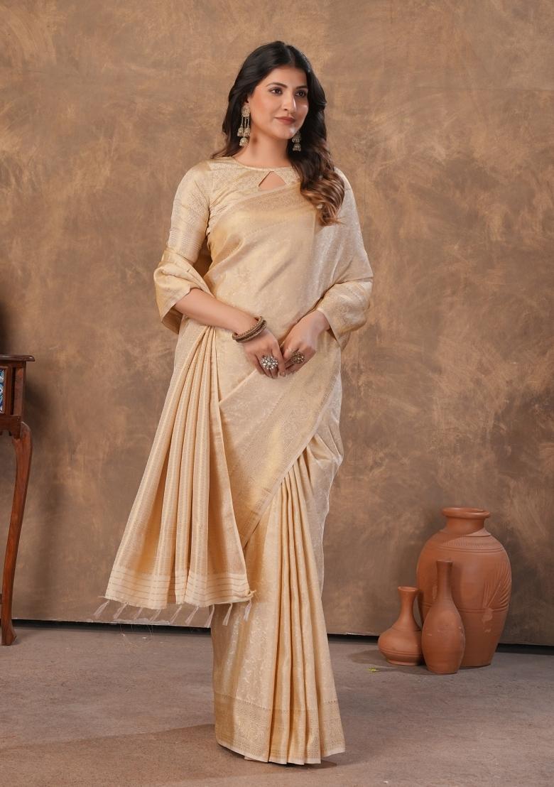 Cream Zari Work Silk Saree Set - Indya