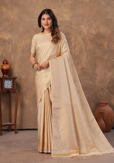 Cream Zari Work Silk Saree Set — view on Indya