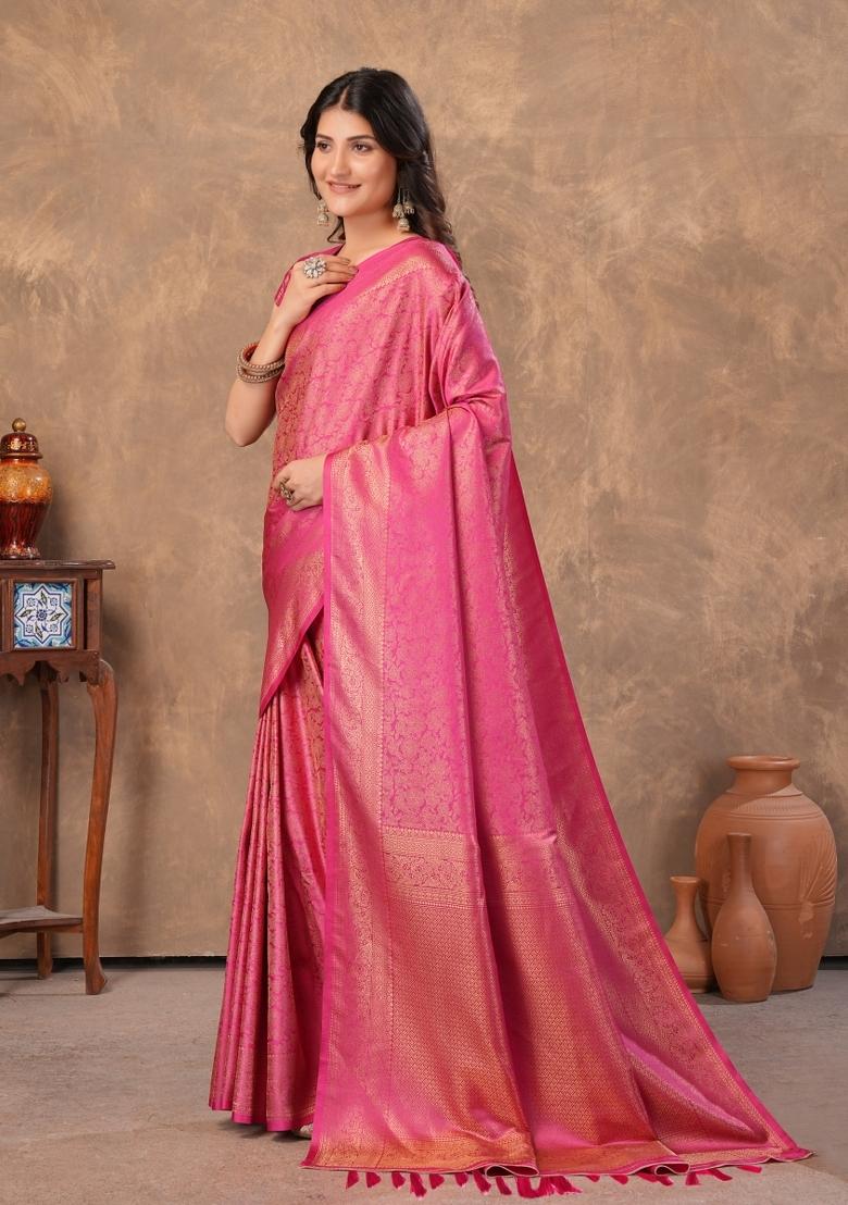Pink Zari Work Silk Saree Set - Indya