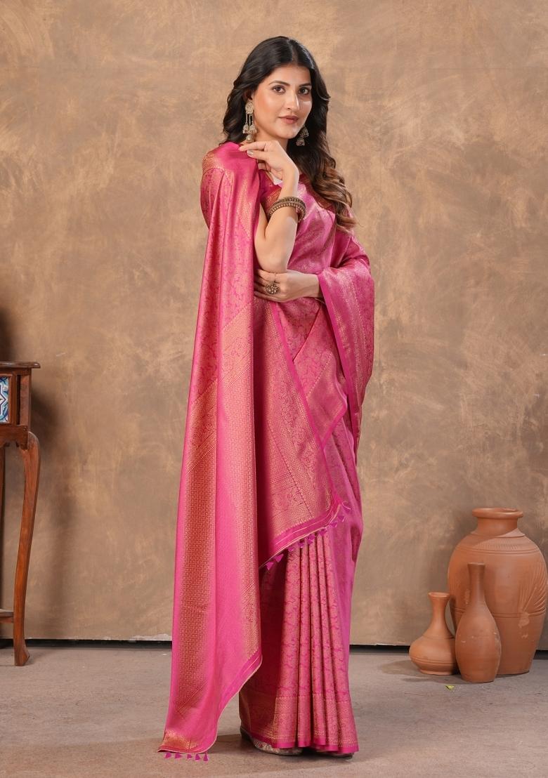 Pink Zari Work Silk Saree Set - Indya