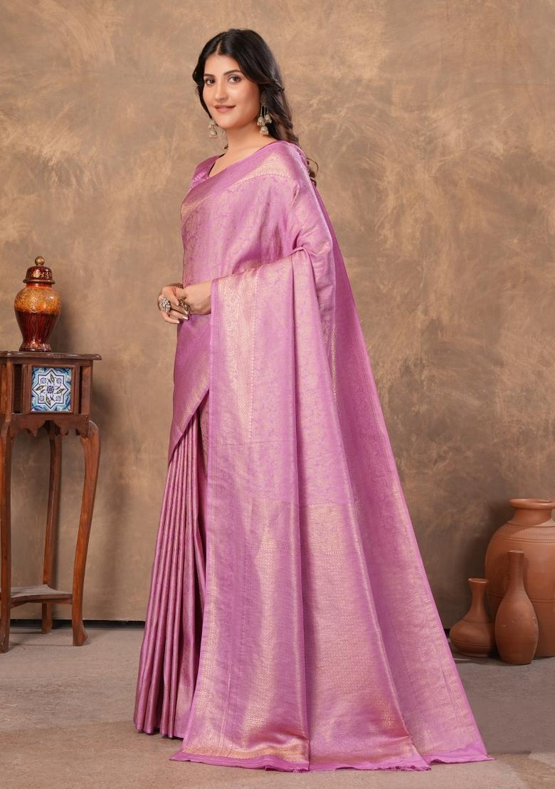 Lavender Zari Work Silk Saree Set - Indya