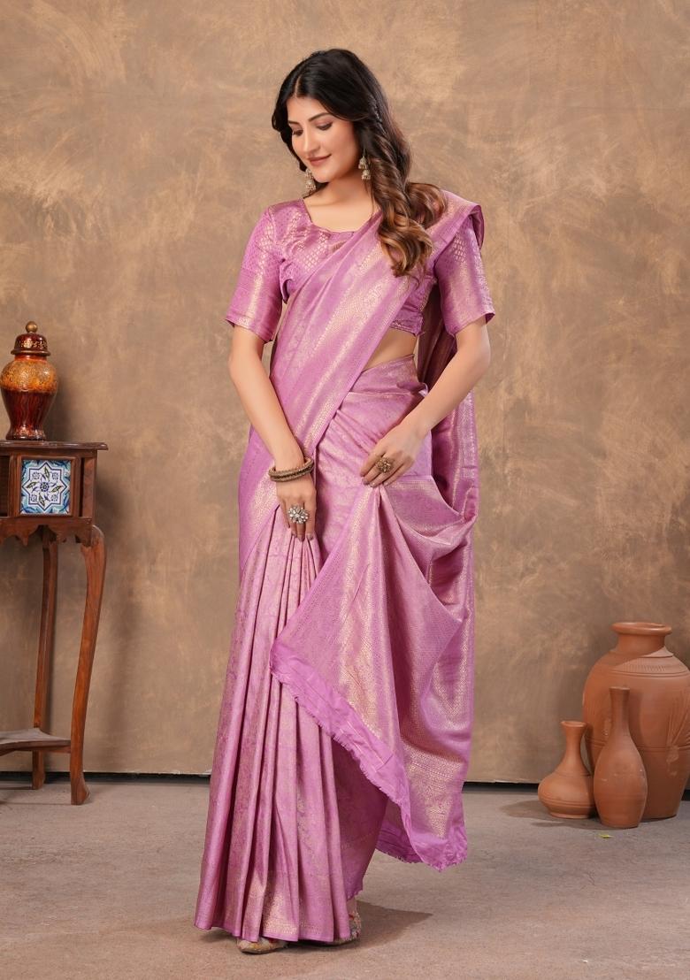 Lavender Zari Work Silk Saree Set - Indya