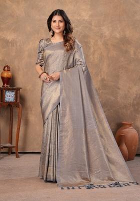 Grey Zari Work Silk Saree Set