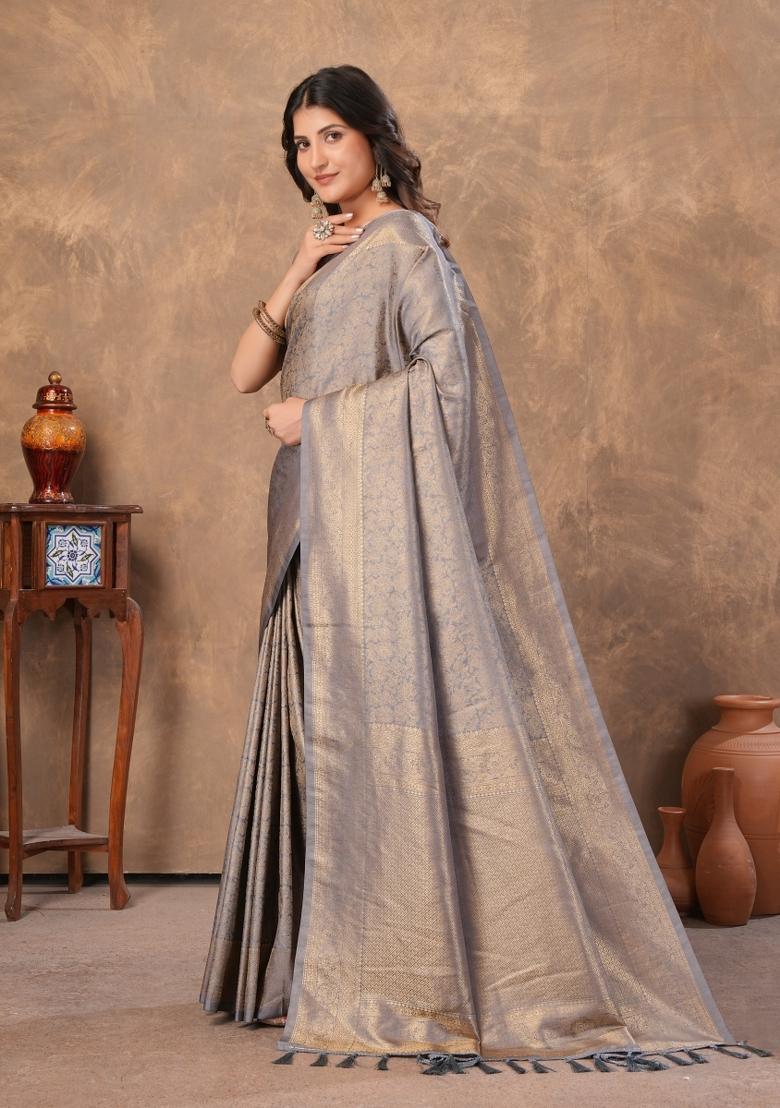 Grey Zari Work Silk Saree Set - Indya