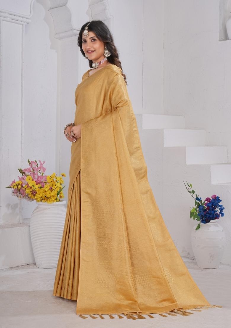 Golden Zari Work Silk Saree Set - Indya