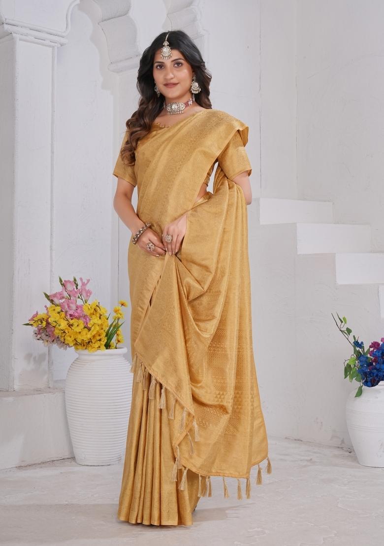 Golden Zari Work Silk Saree Set - Indya