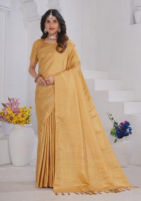 Golden Zari Work Silk Blend Saree Set