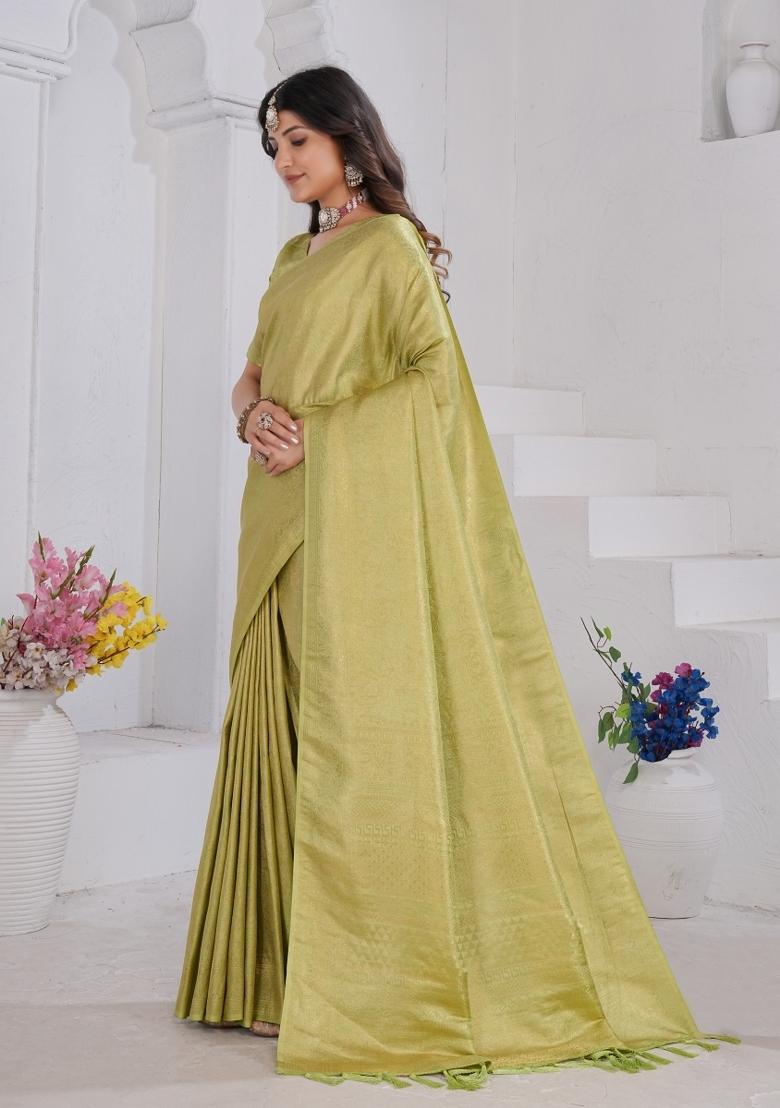 Green Zari Work Silk Saree Set - Indya
