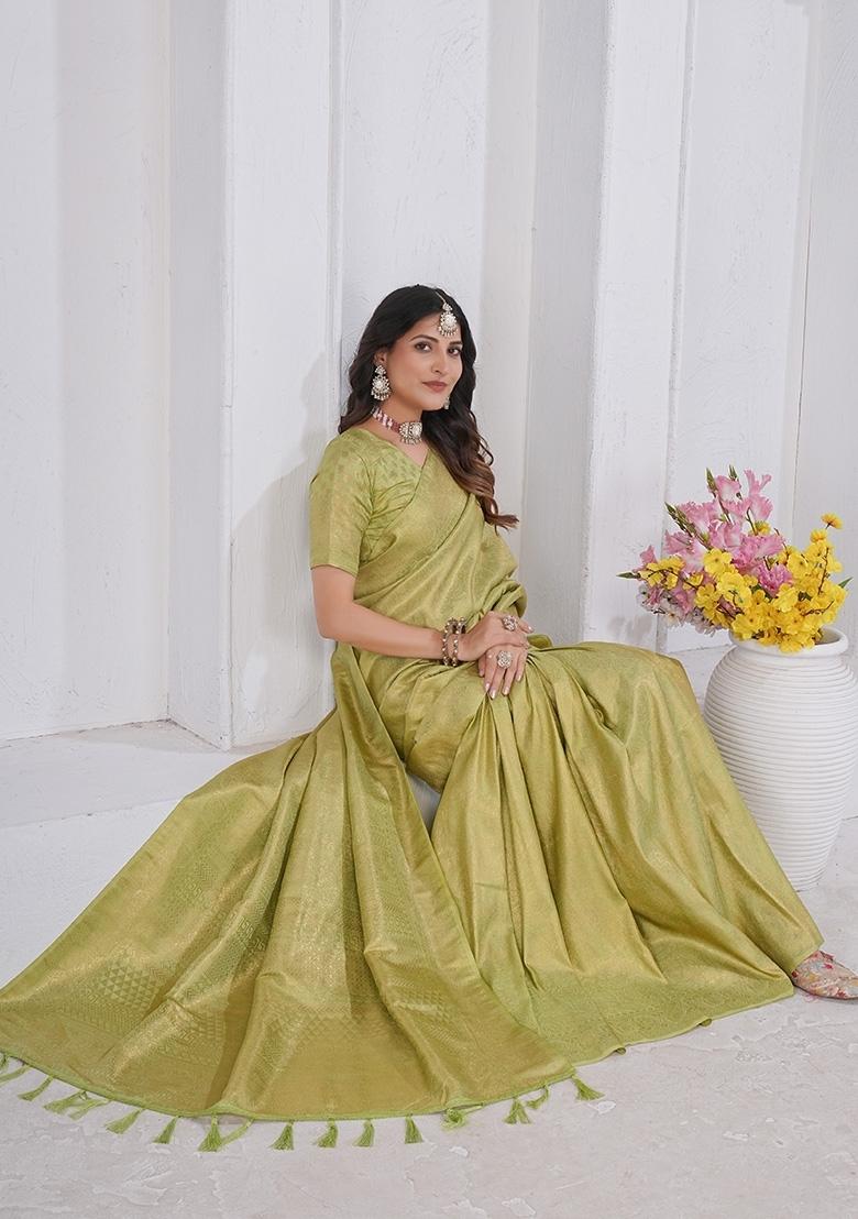 Green Zari Work Silk Saree Set - Indya