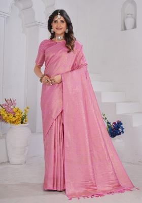 Light Pink Zari Work Silk Saree Set
