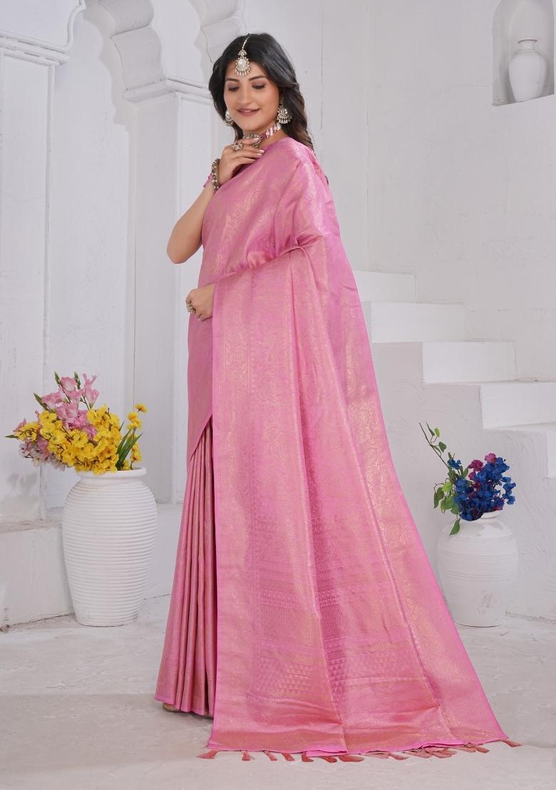 Light Pink Zari Work Silk Saree Set - Indya