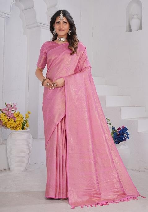 Light Pink Zari Work Silk Blend Saree Set
