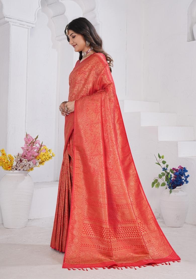Red Zari Work Silk Saree Set - Indya