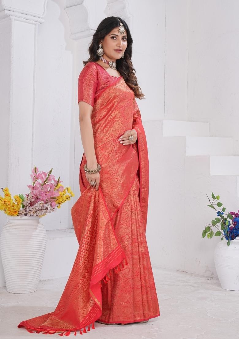 Red Zari Work Silk Saree Set - Indya