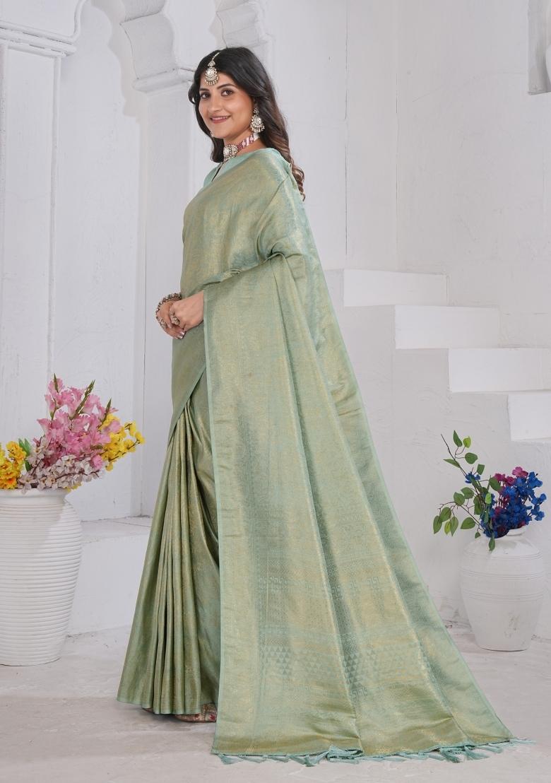 Light Green Zari Work Silk Saree Set - Indya