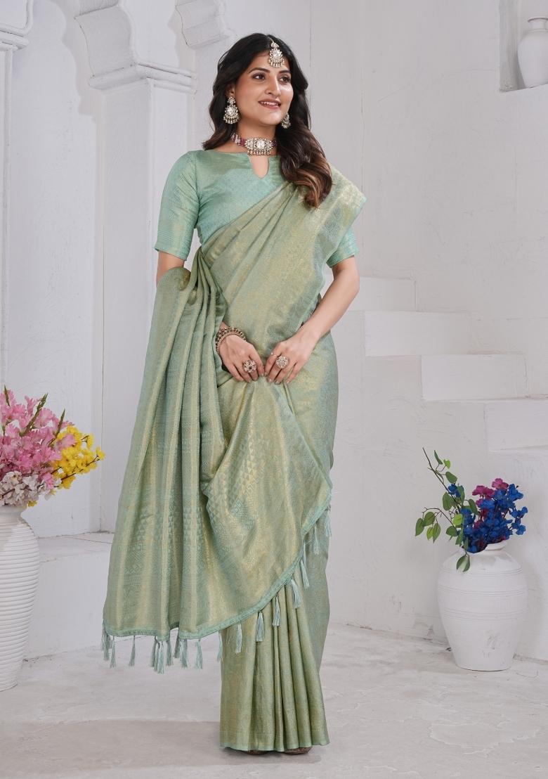 Light Green Zari Work Silk Saree Set - Indya