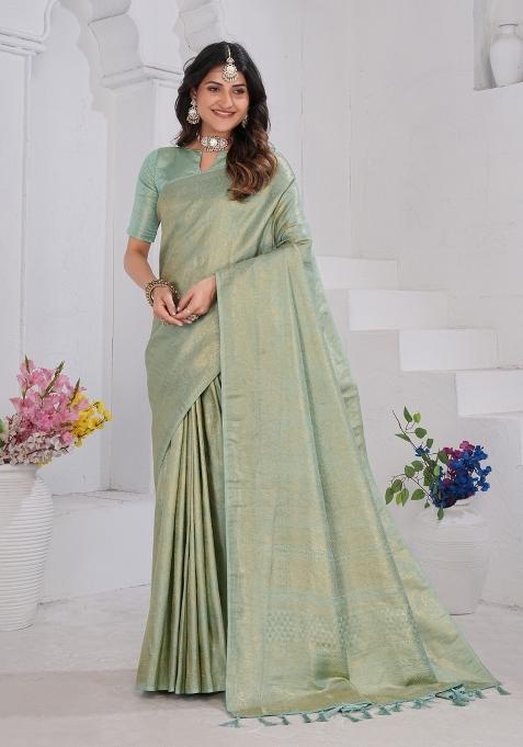 Light Green Zari Work Silk Blend Saree Set