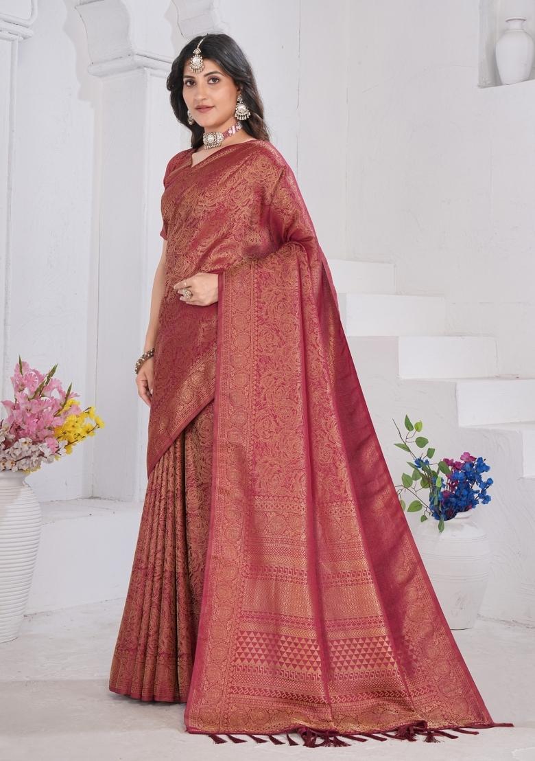 Maroon Zari Work Silk Saree Set - Indya