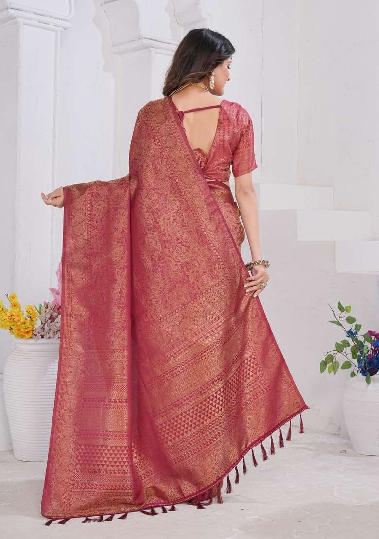 Maroon Zari Work Silk Blend Saree Set for Diwali and Festive Wear - Indya