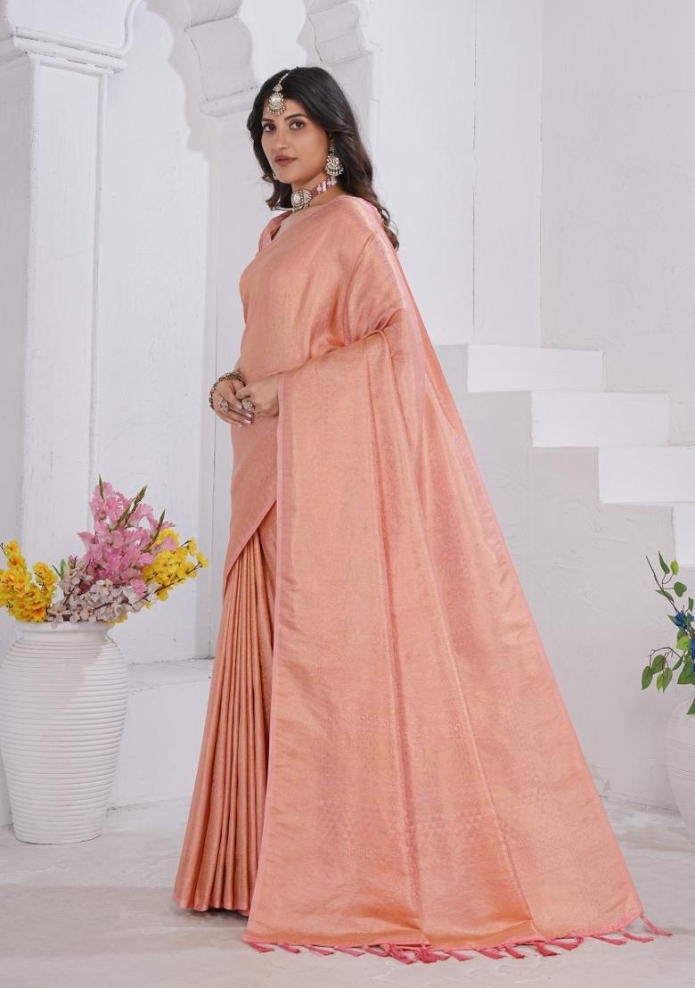 Peach Zari Work Silk Saree Set - Indya
