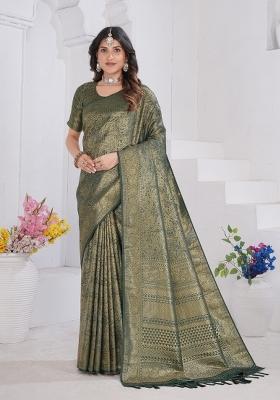 Dark Green Zari Work Silk Saree Set